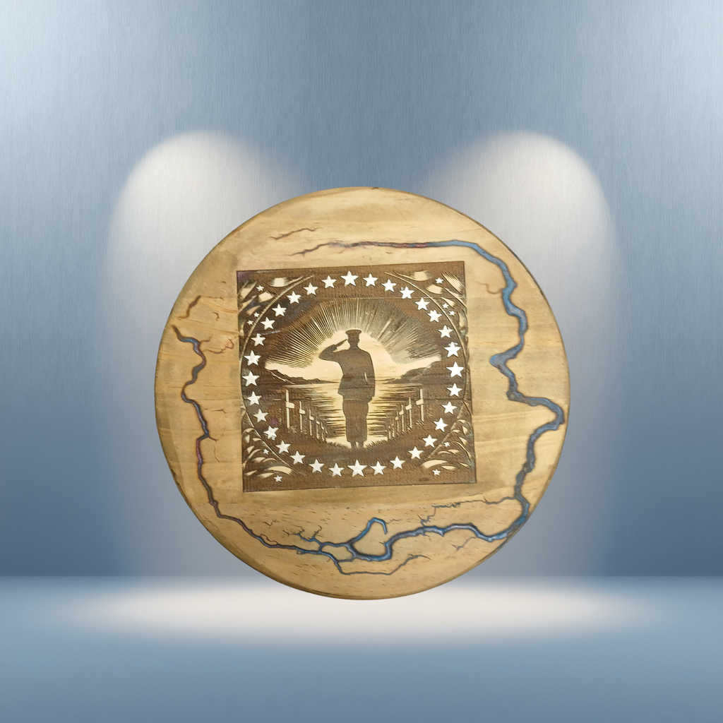 Patriotic Soldier Salute with Resin Lightning Inlay - Handcrafted Wooden Wall Art