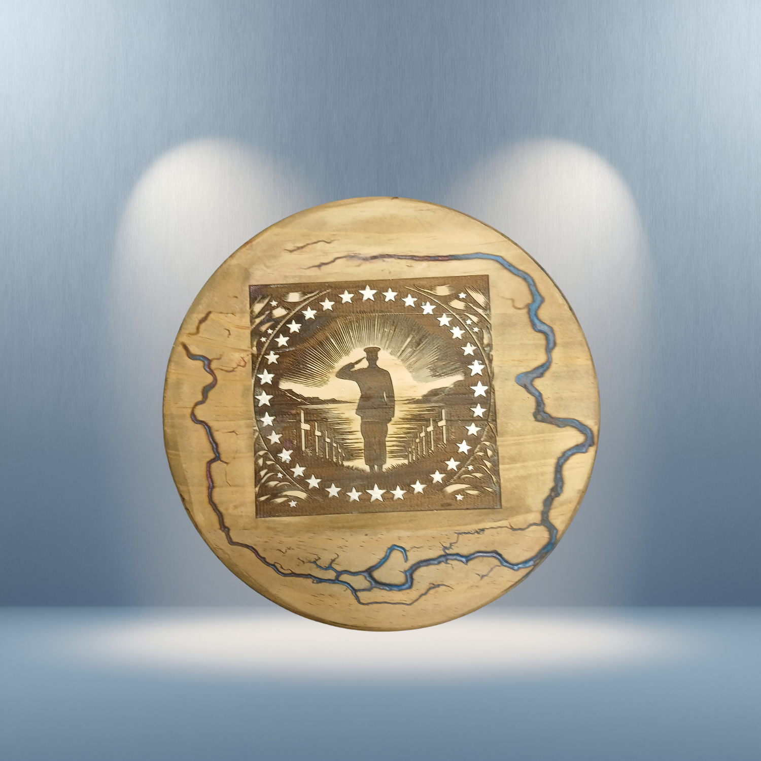 Patriotic Soldier Salute with Resin Lightning Inlay - Handcrafted Wooden Wall Art