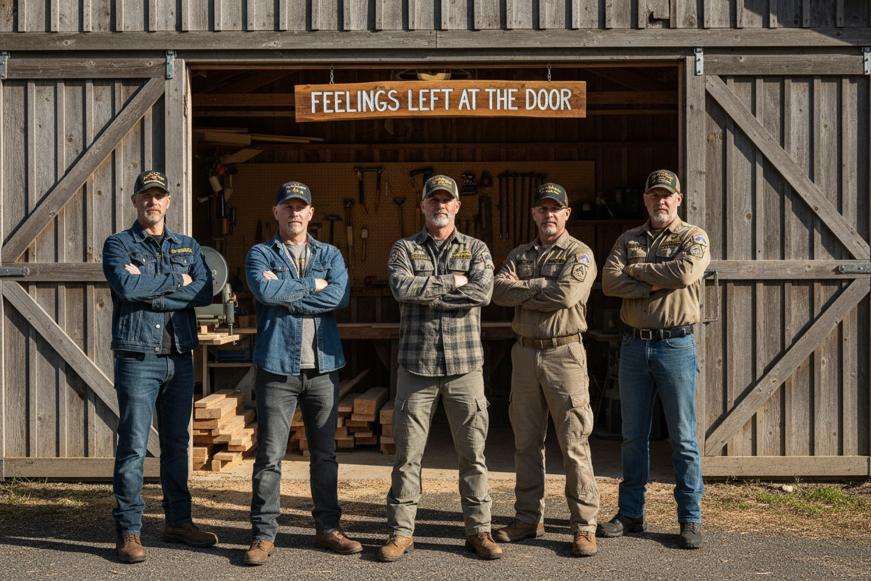 Create an image of Veterans with Arms Crossed in from of a Woodshop with a Sign that reads "Feelings Left At The Door" 